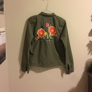 Lucky Brand Army Green Jacket Embroidered Flowers